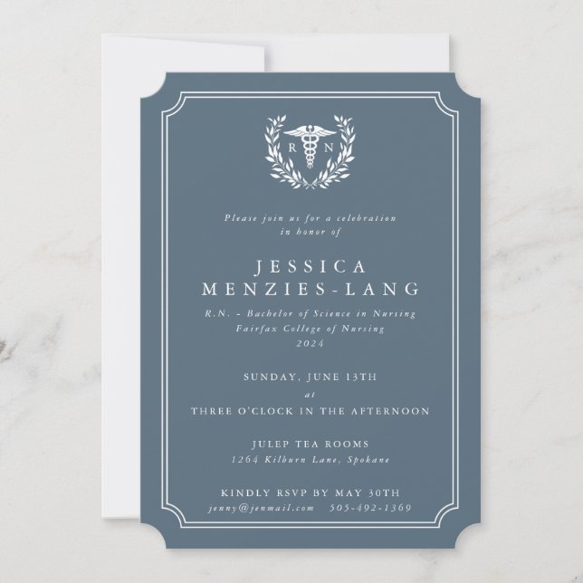 Invitation Infirmière inscrite en gris bleu Caduceus+Laurel W (Devant)