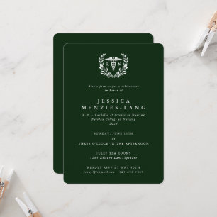 Invitation Infirmière inscrite en vert foncé Caduceus+Laurel 