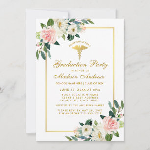 Invitation Infirmière Parti de graduation rose Floral Gold In