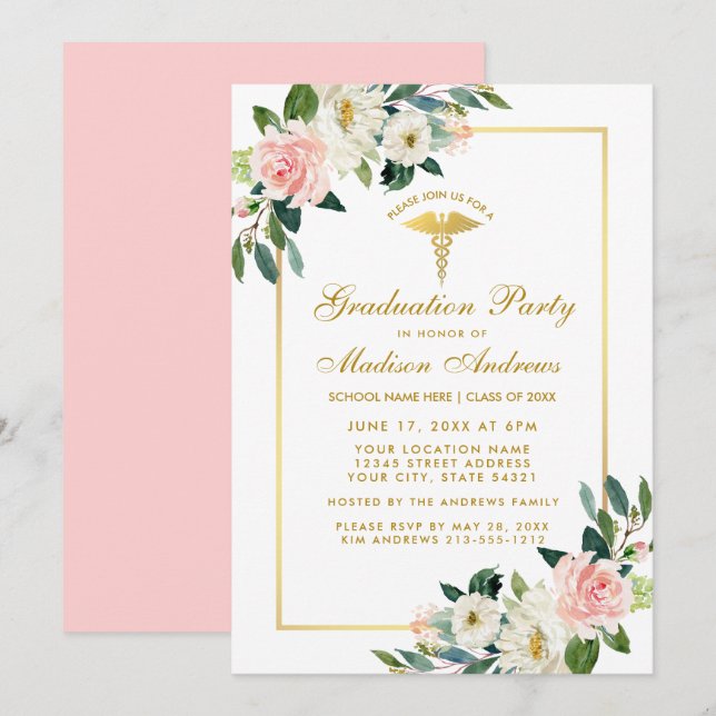 Invitation Infirmière Parti de Graduation Rose Floral Or Invi (Devant / Derrière)