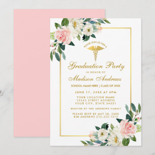 Invitation Infirmière Parti de Graduation Rose Floral Or Invi