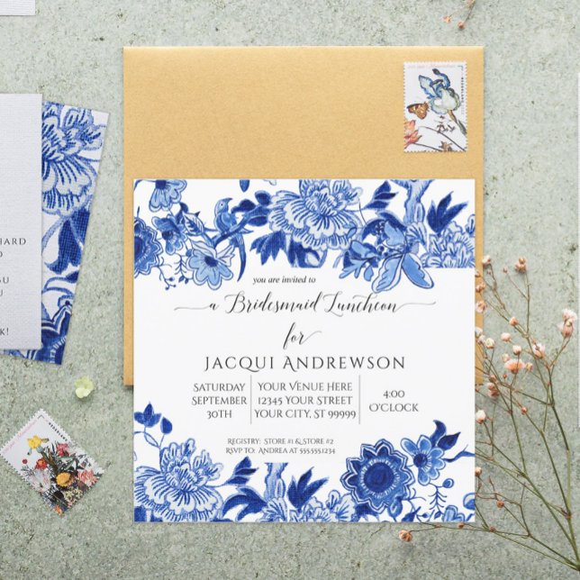 Invitation Influence asiatique Bleu Blanc Floral Bridesmaid (Créateur téléchargé)