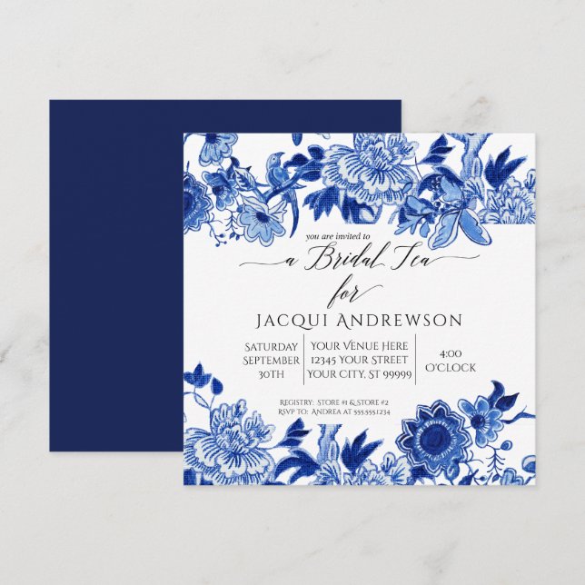 Invitation Influence asiatique Bleu Blanc Floral | Thé nuptia (Devant / Derrière)