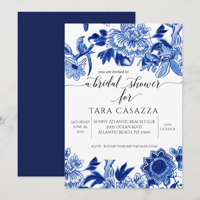 Invitation Influence Asiatique Floral Bleu Fête des mariées B (Devant / Derrière)