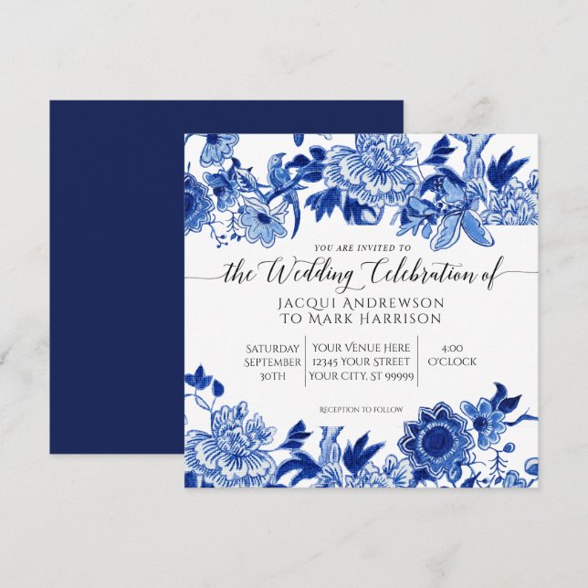 Invitation Influence asiatique Mariage floral bleu et blanc m (Devant / Derrière)