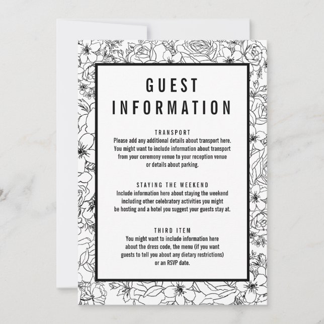 Invitation Infos d'invité floral noir et blanc simple (Devant)