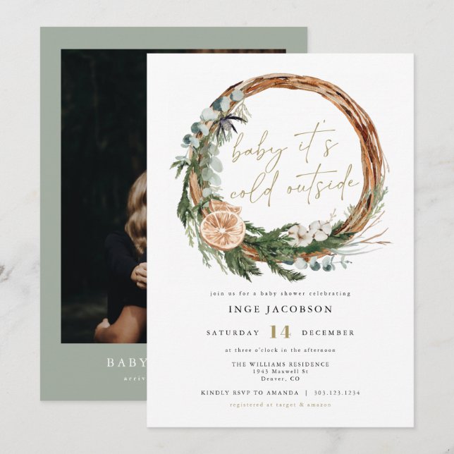 Invitation INGE Baby shower scandinave de couronne d'hiver (Devant / Derrière)