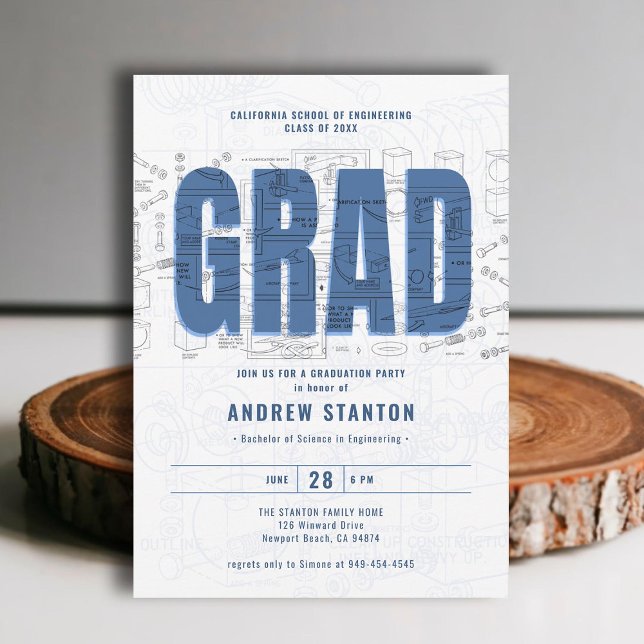 Invitation Ingénieur de diplômes d'ingénieur Grad Moderne (engineering engineer graduation ceremony party invitation white blue grad modern minimalist elegant)