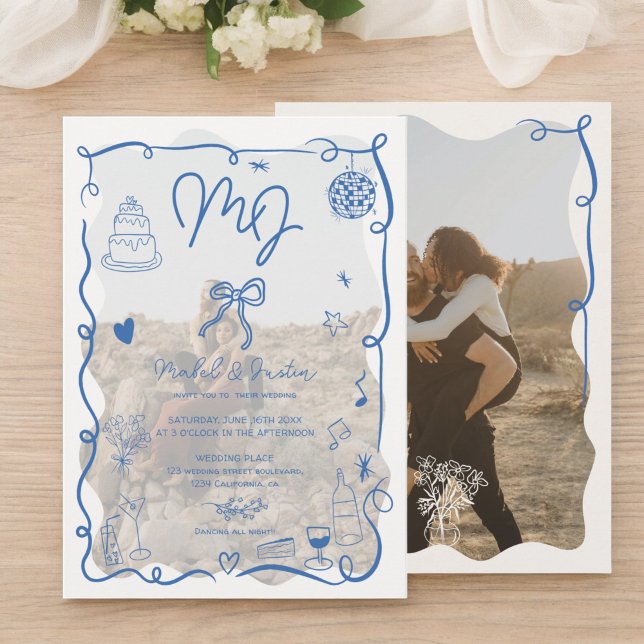 Invitation Initiales bleues dessinées à la main photos illust (Blue initials handdrawn illustrated photos wedding invitation)