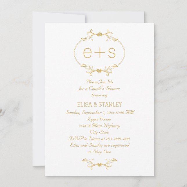 Invitation Initiales dans un cadre doré mariage couple de  (Devant)