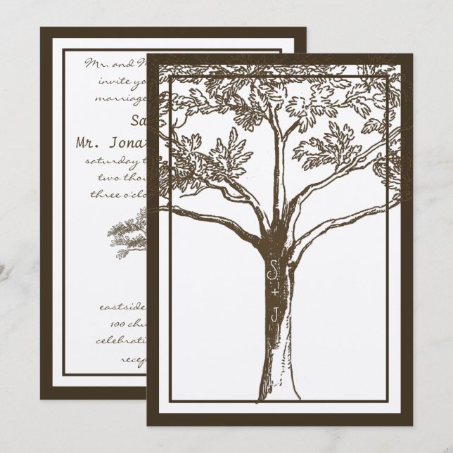 Invitation Initiales de l'arbre d'amour romantique dans le Ma (Devant / Derrière)