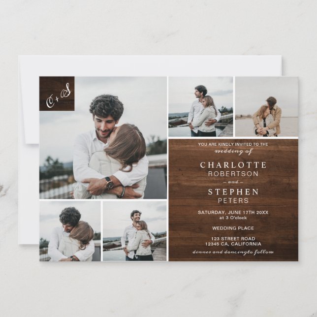Invitation Initiales en bois brun rustique 6 photos mariage (Devant)