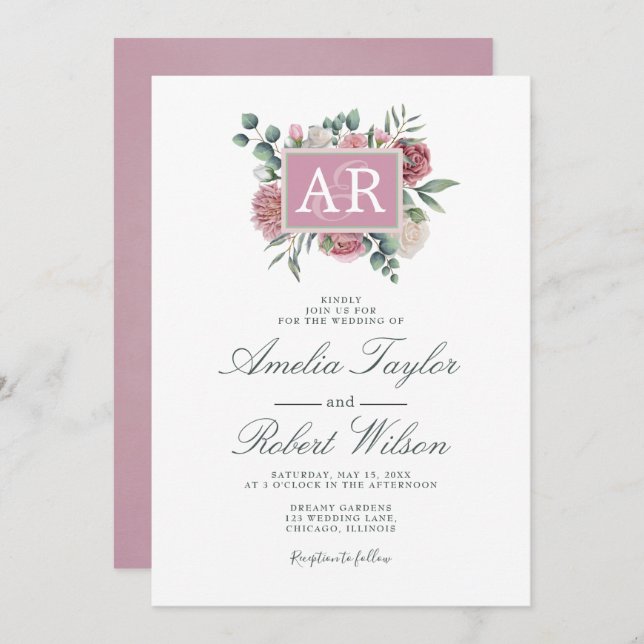 Invitation Initiales florales du Rose Dusty (Devant / Derrière)