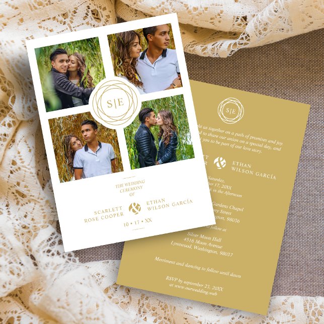 Invitation Initiales minimales en or blanc Mariage fantaisie  (White & Fake Gold Minimal Initials Simple Fancy 4 Multi Photos Collage Wedding Invitation Card.)