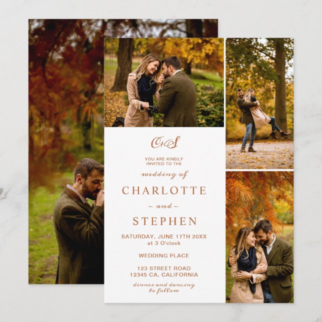 Invitation Initiales modernes en terre cuite 4 photos mariage (Devant / Derrière)