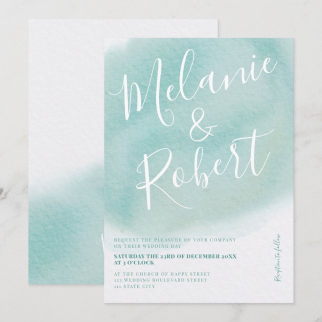 Invitation Initiales modernes turquoise en aquarelle mariage (Devant / Derrière)