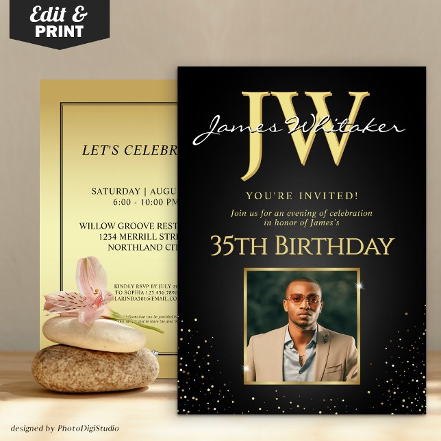 Invitation Initiales personnalisées Elégant Black Gold 35e an (Custom Initials Elegant Black Gold 35th Birthday Invitation)