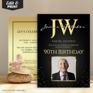 Invitation Initiales personnalisées Elégant Black Gold 90e an