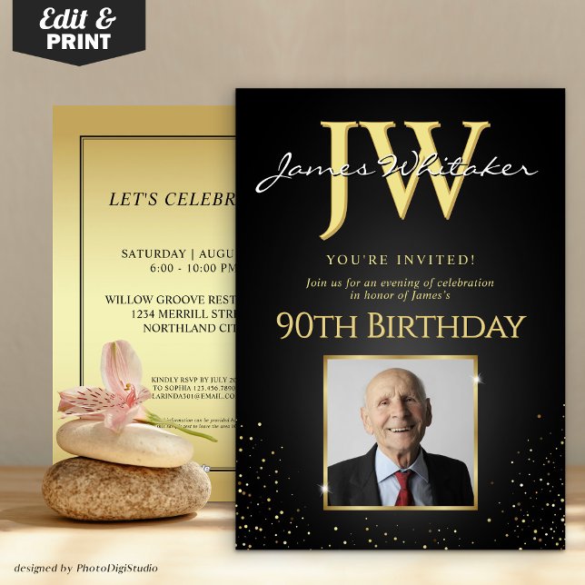 Invitation Initiales personnalisées Elégant Black Gold 90e an (Custom Initials Elegant Black Gold 90th Birthday Invitation)