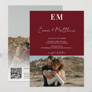 Invitation Initiales rouge bordeaux simple 2 photos qr mariag