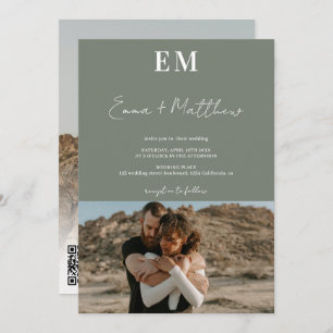 Invitation Initiales sauge vert simple 2 photos qr mariage