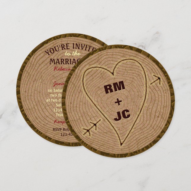 Invitation Initiales sculptées dans le coeur Mariage rustique (Devant / Derrière)