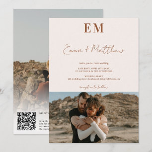 Invitation Initiales terre cuite beige 2 photos qr mariage