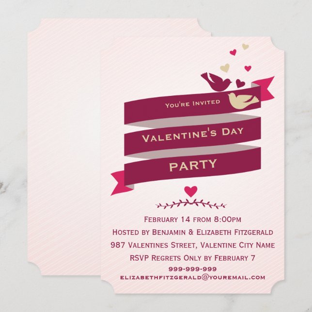 Invitation Inséparables et coeurs Bannière Valentines Party (Devant / Derrière)