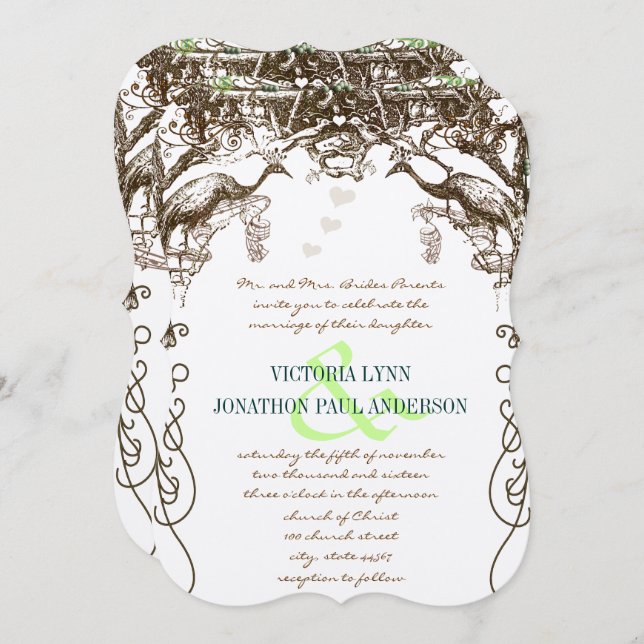 Invitation Inséparables Vintages de Rustic Peacock (Devant / Derrière)