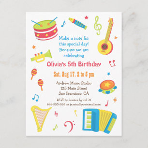 Invitation Instruments de Musique Colorés Fête d'Anniversaire