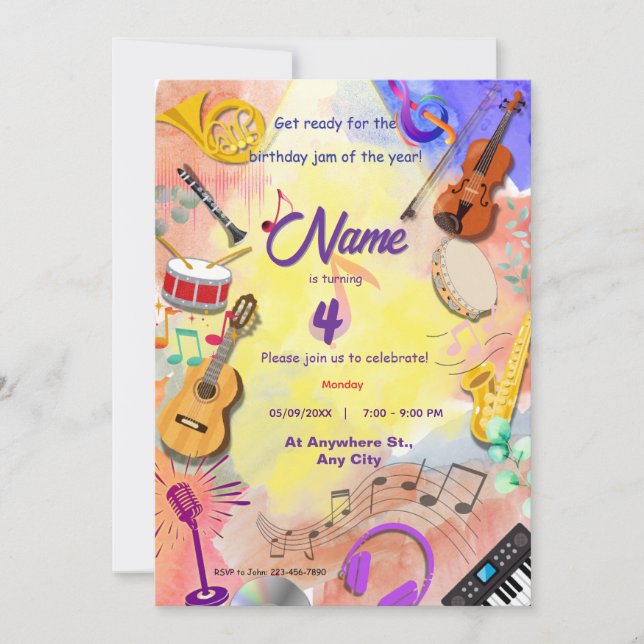 Invitation Instruments de musique thème enfants B'day (Devant)