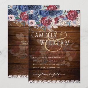 Invitation Intemporel Rustique Bleu Bourgogne Floral Mariage