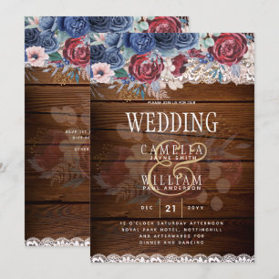 Invitation Intemporel Rustique Bleu Bourgogne Floral Mariage