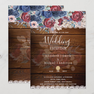 Invitation Intemporel Rustique Bleu Bourgogne Floral Mariage