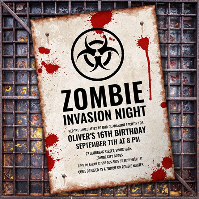 Invitation Invasion de zombie avec taches de sang et signe ro (Créateur téléchargé)