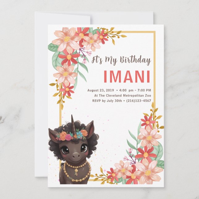 Invitation Invit, Anniversaire de enfant de l'Unicorne Brown  (Devant)