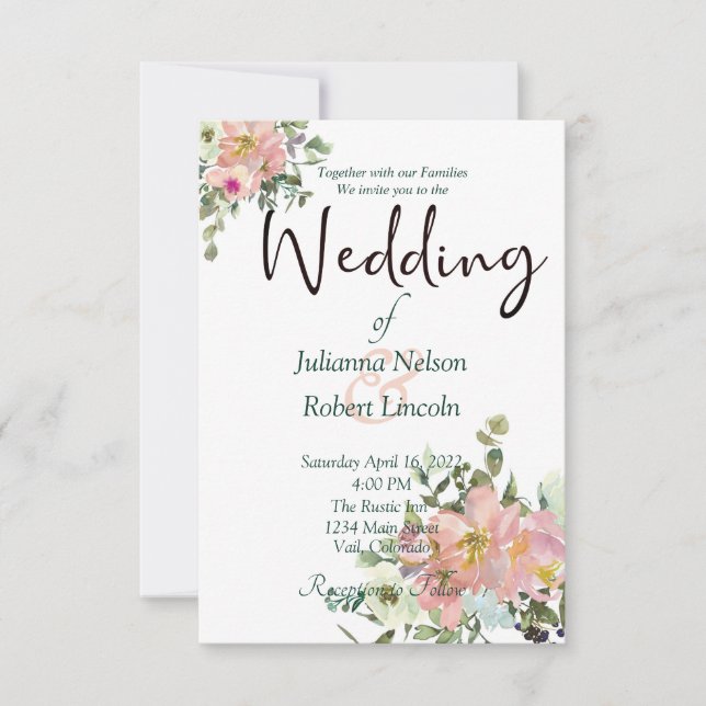 Invitation Invit florale mariage floral à l'aquarelle et à l' (Devant)