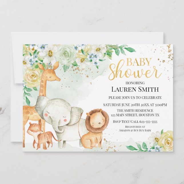 Invitation Invitación a Baby Shower para animales florales (Devant)