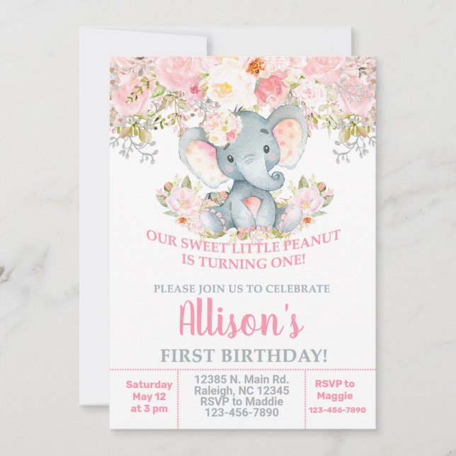 Invitation Invitación Anniversaire de l'éléphant rose et des  (Devant)