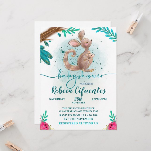 Invitation Invitación Baby Shower Canguro (Devant/Arrière en situation)