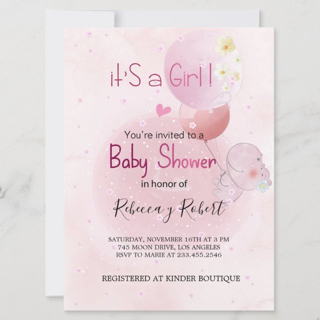 INVITATION INVITACIÓN BABY SHOWER CUTE HIPO. POUR BÉBÉ FILLE (Devant)