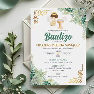 Invitation Invitacion Bautizo en espagnol Baptême Feuilles ve