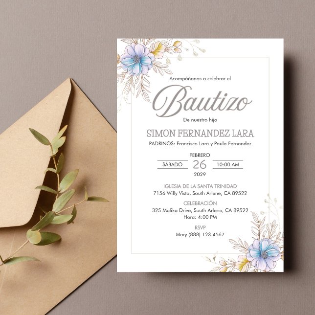 Invitation Invitacion Bautizo Espagnol Fleurs bleues Baptême (Créateur téléchargé)