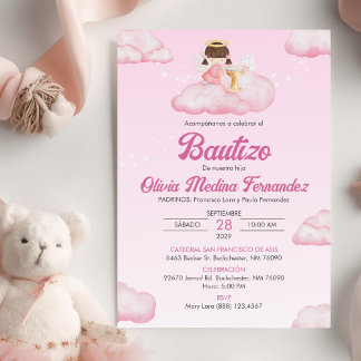 Invitation Invitacion Bautizo Girl Angel Catholique Baptême
