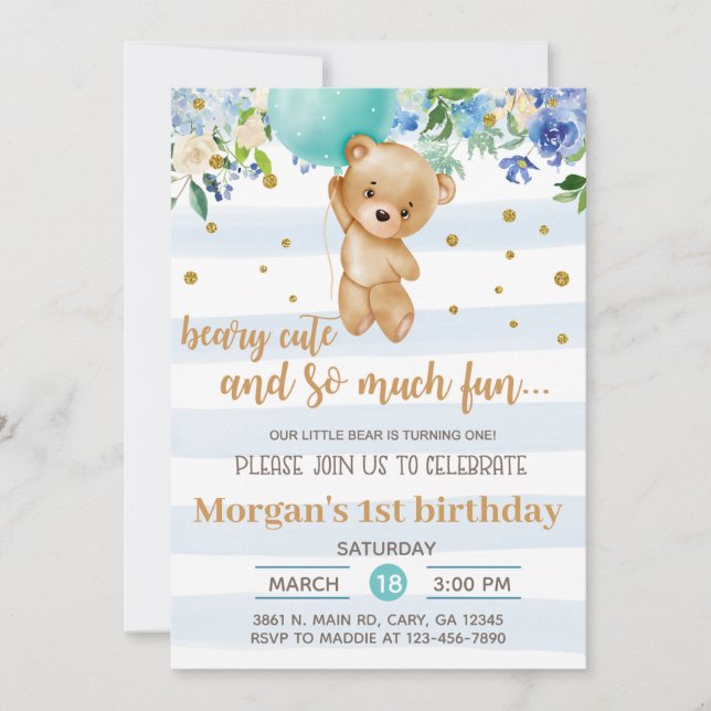 Invitation Invitación Beary cute bear balloon boy birthday in (Devant)