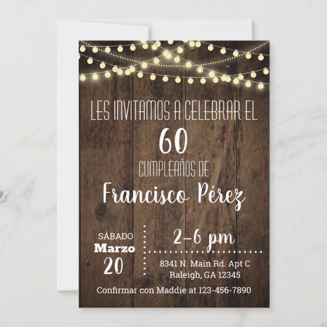 Invitation Invitación Birthday invitation, brown wood, lights (Devant)