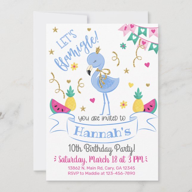 Invitation Invitación Blue flamingo, let's flamingle birthday (Devant)