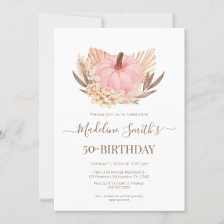 Invitation Invitación Boho Pink Pampas Grass Pumpkin Birthday