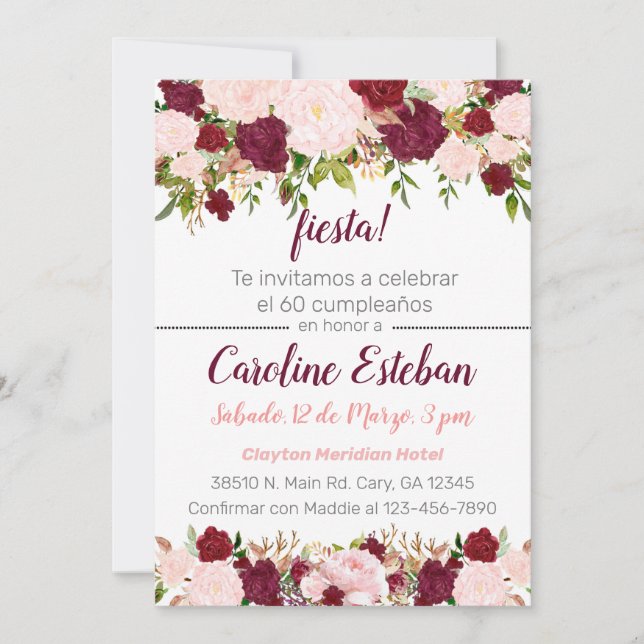 Invitation Invitación Burgundy and pink floral birthday invit (Devant)