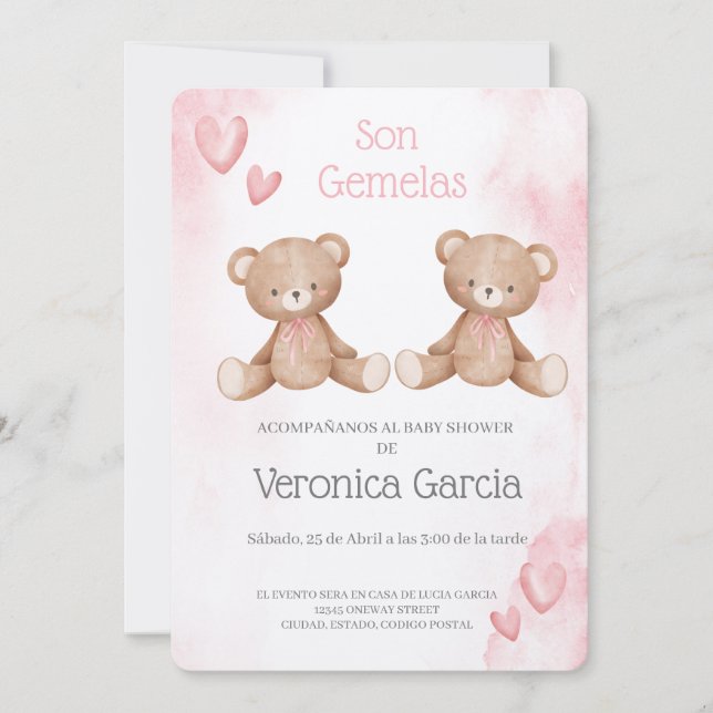 Invitation Invitacion de baby shower para gemelas tema osito (Devant)